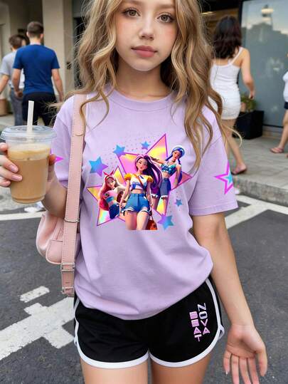 1 Set Girls Casual Comfortable Fashion 3D Cartoon K-POP Girl Pattern Pink Short Sleeve T-Shirt And Shorts Set, Suitable For Spring/Summer Outdoor Wear