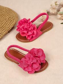 1 par de sandálias rasteiras pretas de tecido macio com estampa floral, bico redondo, elásticas, ideais para meninas de 3 a 12 anos, perfeitas para uso casual, praia, férias e verão de 2026. - Rosa Quente - Ver 4