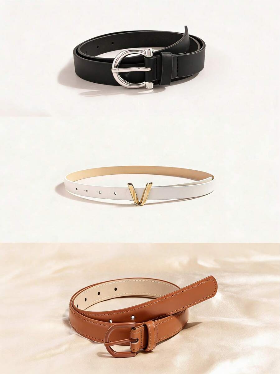 3件套女士多功能腰带套装，简约PU光滑皮革腰带，喷漆搭扣百搭腰带，V字形扁平细腰带，人造革PU - 組合腰帶簡約 - 查看 1