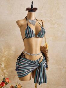 女士钩针编织比基尼套装，搭配条纹针织流苏罩衫连衣裙，波西米亚风系带沙滩装，适合海滩度假和派对。 - 彩色 - 查看 4