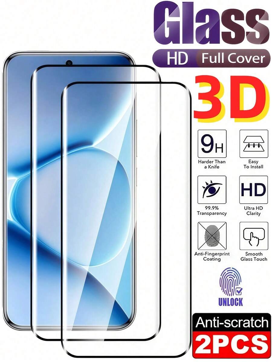 2片装曲面钢化玻璃屏幕保护膜,兼容小米Note 15/14 Pro 4G/5G、13/14/15 Pro+、小米15 Ultra,9H硬度,防指纹,无气泡3D曲面钢化玻璃膜,兼容手机壳,易于安装 - 無色 - 查看 1