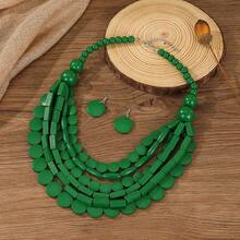 手工打造的夸张多层串珠木珠项链耳环套装，波西米亚南亚风格，时尚复古优雅，适合派对、宴会、节日、休闲场合，颜色随机搭配 - 綠色 - 查看 5