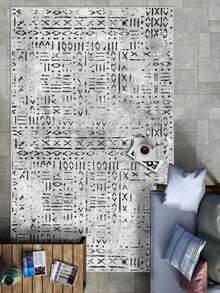 Modern Geometric Pattern Washable Area Rug - Distressed Monochrome Abstract Print Carpet For Living Room, Bedroom & Home Decor 80x200 Cm, 80x300 Cm,100x200 Cm, 120x180 Cm - Grey - View 2