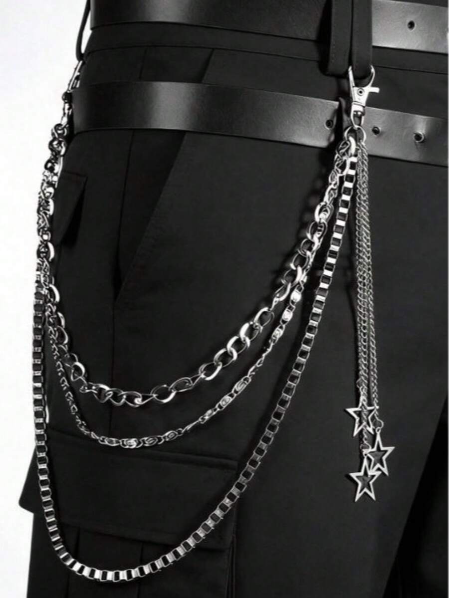 1 时尚嘻哈明星吊坠链裤腰链男士拼接裤链配饰金属盒链个性化朋克腰链 - 銀色 - 查看 1