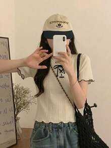 Summer Color-Blocked Slim-Fit Tie Neckline Women's Short-Sleeved Knit Top With Ruffled Trim - Apricot - View 9