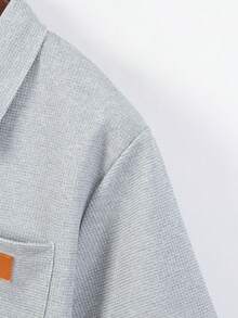 男士兩件套休閒套裝，純色口袋單排扣翻領短袖襯衫與抽繩短褲，夏季休閒度假套裝，情人節禮物 - 灰色 - 查看 5