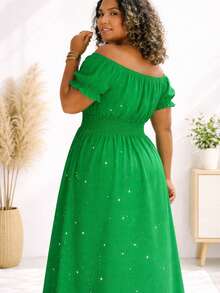 Plus Size Evangelical Long Dress, Adult, Duna Pipoca Elastex, Two Ways To Wear, One Size Fits 36-46, Updated Elegance, Comfort & Style, Boho Elegant, Party, Gathered Fabric, Ruffled Hem, Ruffled Dress, Holiday, Vacation, Daily, Home, Summer - 綠色 - 查看 2