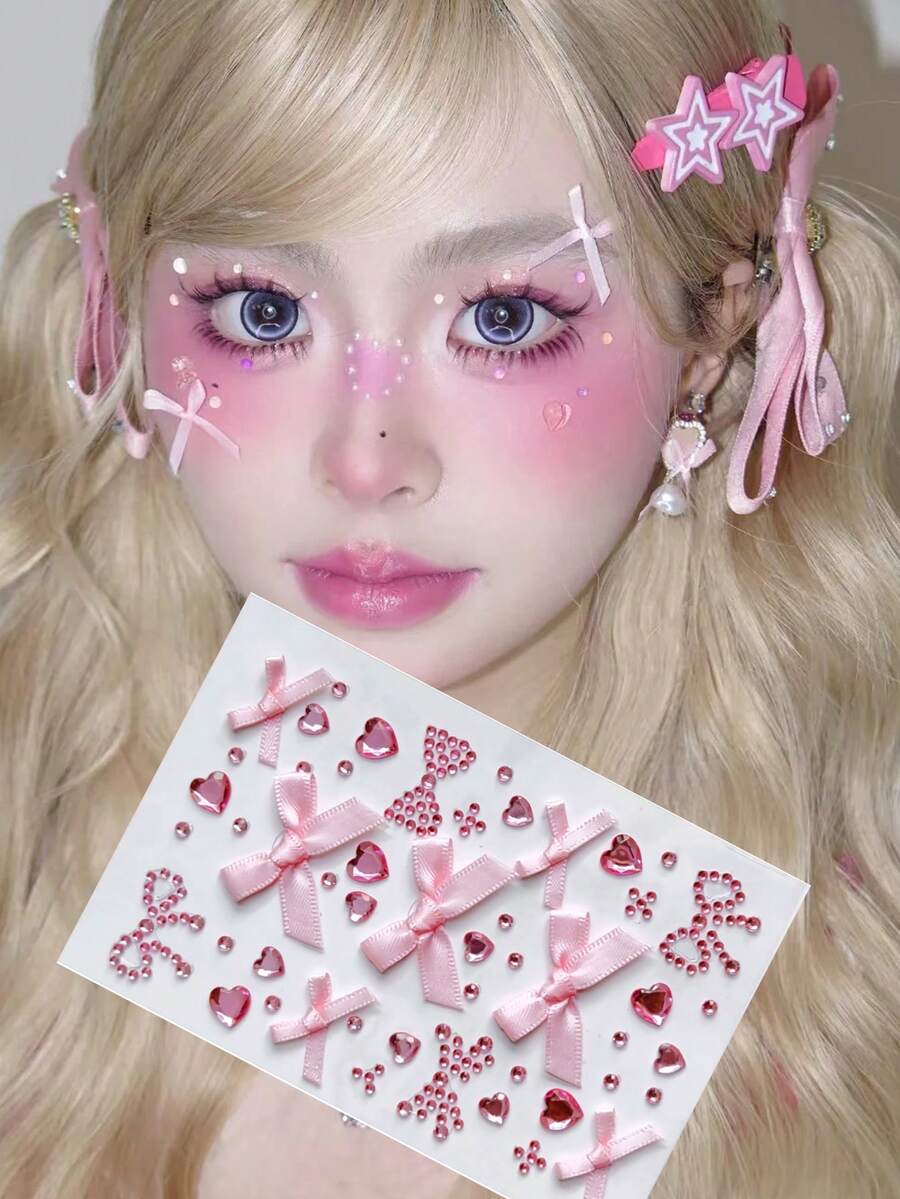 粉色3D缎面蝴蝶结爱心水钻贴纸,少女风水钻贴纸,适用于手机壳装饰、DIY手工、舞台妆容、手账装饰、芭蕾舞Y2K美学配饰、不透明可移除贴纸、创意美甲水钻装饰、演唱会妆容、面部装饰 - 粉色 - 查看 1
