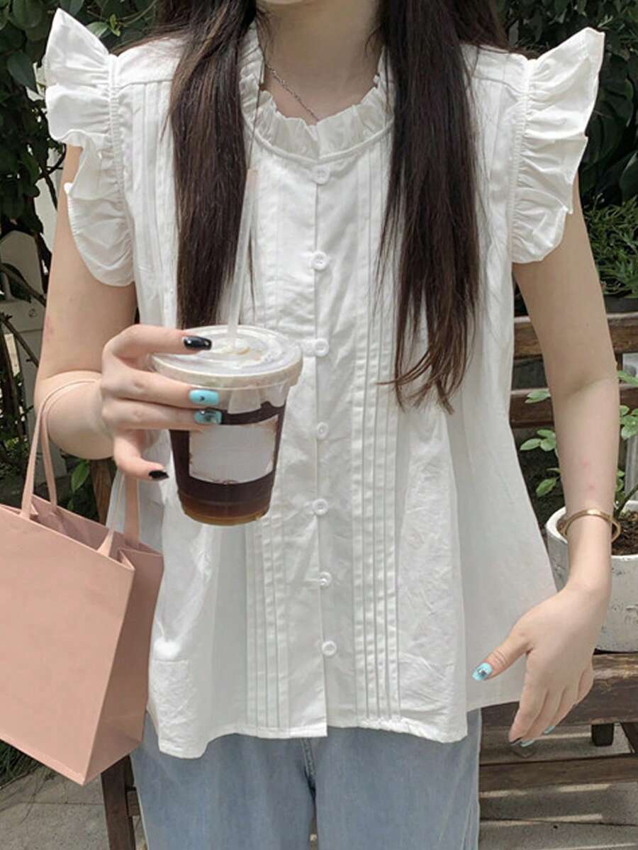 格子荷叶边无袖宽松衬衫，夏季 - 白色 - 查看 1