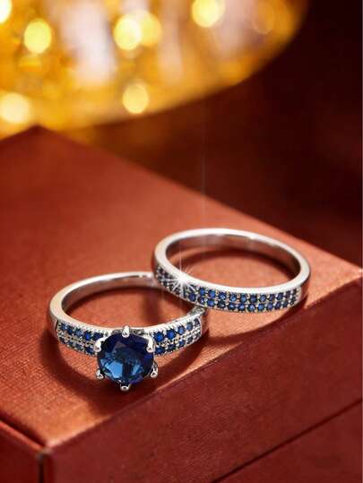 2 Stück/Set elegante Saphir Paar Ringe, luxuriöser Palast-Stil Verlobungsringe, einzigartiger stapelbarer Schmuck