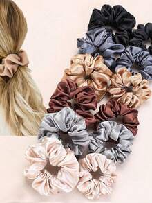 12个亮面缎面发圈，法式优雅发绳 - 彩色 - 查看 1