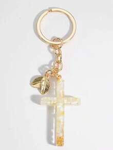 1件男女通用石雕干花十字架钥匙扣吊坠 - 白色 - 查看 1