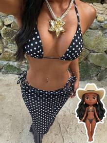 3件套女士波点印花挂脖黑色比基尼套装，性感露背夏季沙滩泳装度假装 - 彩色 - 查看 15