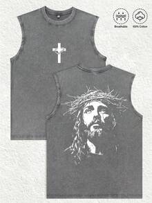 Men's  Printed Vintage Washed Vest,Sleeveless Printed T-Shirt, Featuring A "Jesus With A Crown Of Thorns," Is  Y2K Style Street Fashion Men's Washed Vest, Vintage Design. The Front Features A Cross Adorned With A Crown Of Thorns, While The Back Displays An Artistic Portrait Of Jesus Wearing The Crown. Made From Highly Breathable 100% Cotton, Round Neck Short-Sleeved Casual T-Shirt.This Vest Is Ideal For Easter Celebrations, Church Events, Or Everyday Wear, Adding A Touch Of Religious And Nostalgic Charm To Your Outfit. This Men's Crew Neck Printed Casual Vest Makes A Great Gift For Friends And Family. 100% Cotton T-Shirt, Stylish And Youthful Design. Unisex Graphic Summer Short-Sleeved T-Shirt, Back-To-School Essential | Couple Gift | Holiday Gift | Easter Gift - 灰色 - 查看 1