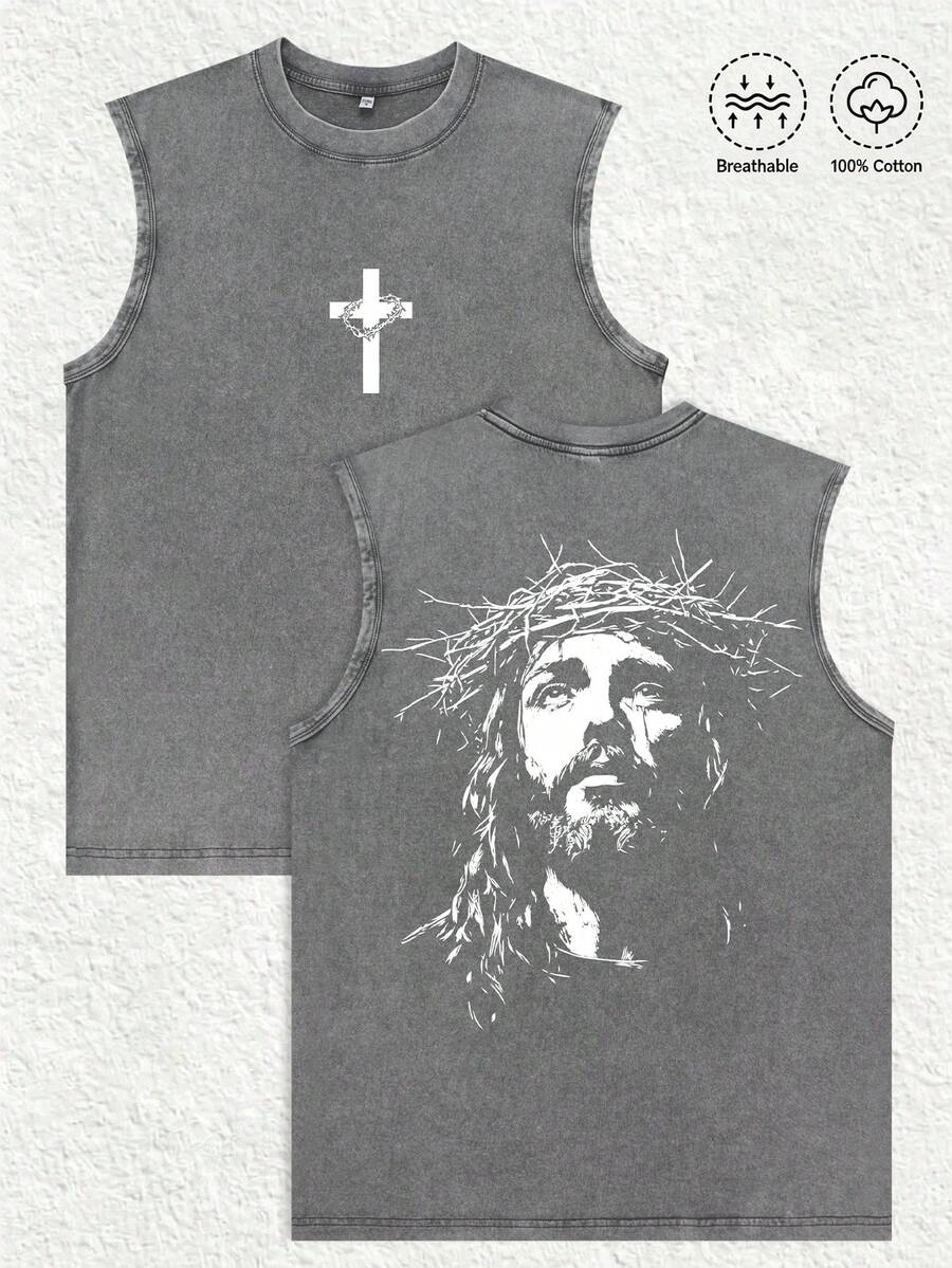 Men's Printed Vintage Washed Vest,Sleeveless Printed T-Shirt, Featuring A "Jesus With A Crown Of Thorns," Is Y2K Style Street Fashion Men's Washed Vest, Vintage Design. The Front Features A Cross Adorned With A Crown Of Thorns, While The Back Displays An Artistic Portrait Of Jesus Wearing The Crown. Made From Highly Breathable 100% Cotton, Round Neck Short-Sleeved Casual T-Shirt.This Vest Is Ideal For Easter Celebrations, Church Events, Or Everyday Wear, Adding A Touch Of Religious And Nostalgic Charm To Your Outfit. This Men's Crew Neck Printed Casual Vest Makes A Great Gift For Friends And Family. 100% Cotton T-Shirt, Stylish And Youthful Design. Unisex Graphic Summer Short-Sleeved T-Shirt, Back-To-School Essential | Couple Gift | Holiday Gift | Easter Gift - 灰色 - 查看 1