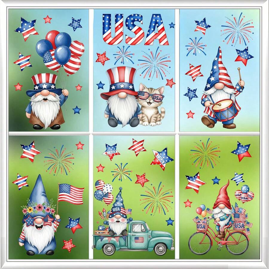 1 set de 9 adezive pentru ferestre cu pitici patriotici de Ziua Independenței, include stea, artificii, balon, bicicletă, modele de mașină, autocolante decorative pentru 4 iulie, potrivite pentru sticla balconului, uși, ferestre, decor pentru casă și cameră - Ziua Independenței - Vizualizare 1