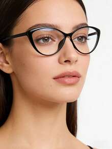 1副女士休闲复古猫眼黑色时尚平底眼镜，适合日常佩戴和街拍 - 黑色 - 查看 1