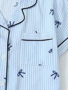 Striped Bow Print Pajama Set Sweet Cute Lapel Button-Up Top And Bow Shorts Women's Sleepwear And Loungewear - Blue - View 4