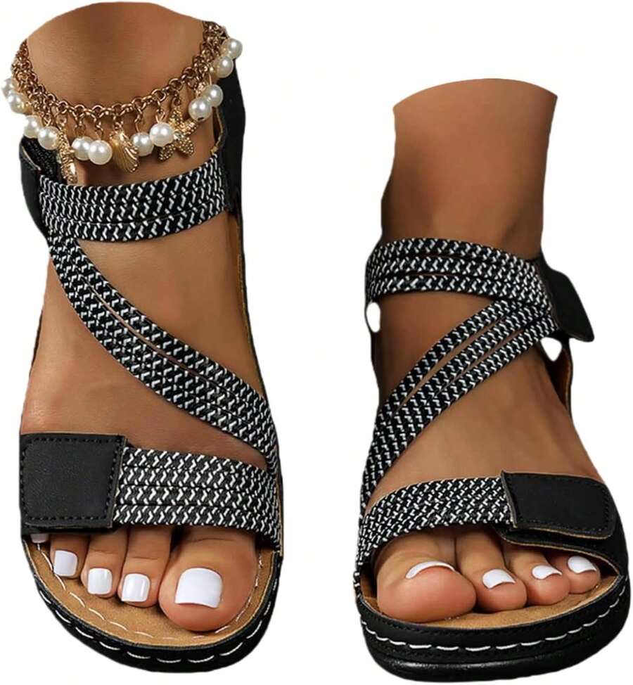 Orthopedic Wedge Sandals Women 2026 Wide Width Platform Sandals With Arch Support Ankle Strap Casual Summer Open Toe Hollow Out Comfortable Vacation Shoes - 黑色 - 查看 1