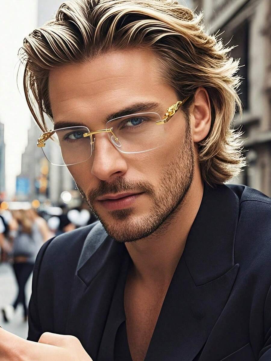 Nuevas gafas rectangulares sin marco con estampado de leopardo tallado con precisión en metal, gafas elegantes y versátiles adecuadas para la vida diaria, el transporte y el regreso a la escuela - transparente - Ver 1