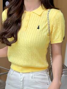 Women's Korean-Style Ice Silk Fiber Shirt - Breathable Short-Sleeved Collared Top With Embroidered Logo, Bright Yellow Casual Spring-Summer Everyday Fashion, Non-Transparent Fabric - trắng - Xem 10