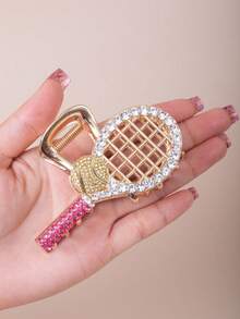 1pc Women's Unique Tennis Racket Shaped Crystal Decor Cute Cartoon Half-Clip Hair Clip, Fashion Hair Accessory - Multicolor - View 6