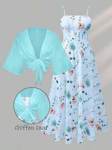 Women's Elegant Ditsy Floral Chiffon Dress & Jacket Two Pieces Set, Fashionable Outfit For Date, Holiday, Casual Wear Spring - 薄荷藍 - 查看 5