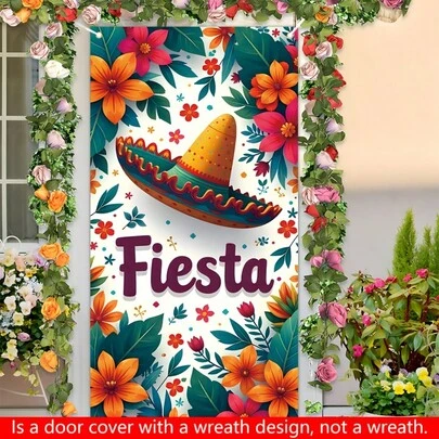 A Vibrant 2D Door Curtain Banner With A Mexican Theme Featuring Colorful Mexican Hats. Made Of Polyester Fabric, It Is Very Suitable For Home Decoration And Parties.