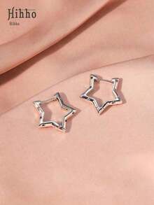 Hihho 2pcs Bright Color Cubic Zirconia Embedded Smooth Pentagram Cubic Zirconia Hoop Earrings For Women, Unique Creative Stars Earrings For Daily Wear, Holiday Party Gifts - 黃金 - 查看 7