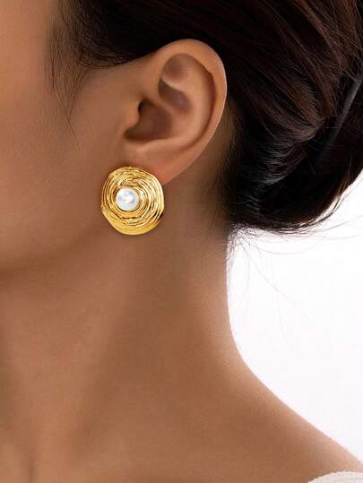 1 par de pendientes de acero inoxidable para mujer, diseño de botón redondo con elementos de textura circular y espiral, estilo vintage elegante adecuado para el lugar de trabajo, fiestas, vacaciones, Navidad, cumpleaños