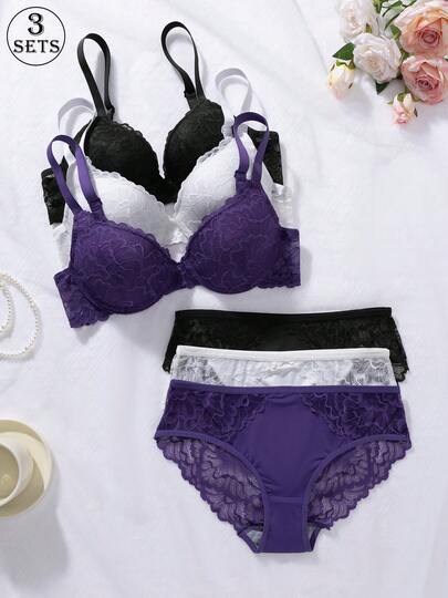 3pcs Women's Black, White & Purple Lace Bra & Panty Set, With Underwire 3/4 Cup Push-Up Bra, Sexy Breathable Comfortable Stretchy Soft Lingerie, Suitable For Daily Wear, Sleepwear And Casual