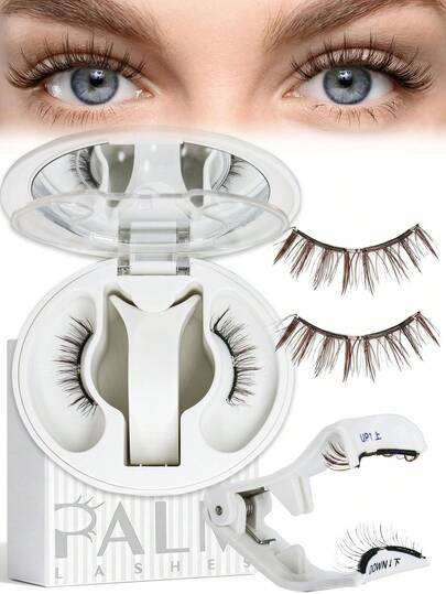 PALM LASHES 1对柔软磁性假睫毛，带配套工具，棕色自然色，可重复使用，无需眼线，无胶水，轻盈防水，易于佩戴，无需卸妆（韩式）