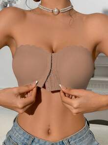 2pcs (Mocha + Dark Apricot) Front Closure Bandeau Bra, Upgraded Non-Slip Silicone, Wireless Seamless Bra (A-C Cup) - Multicolor - View 8