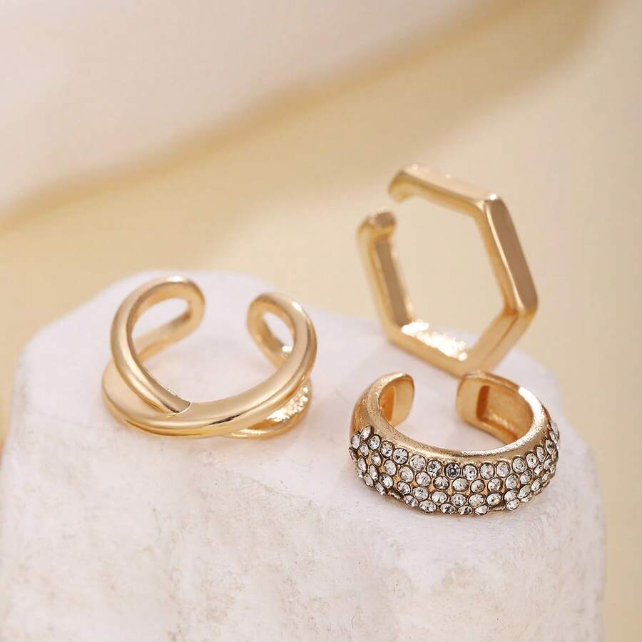 3件套女士夹式耳环套装，不对称几何镂空设计，优雅简约，适合日常佩戴和作为礼物赠送 - 金色 - 查看 1