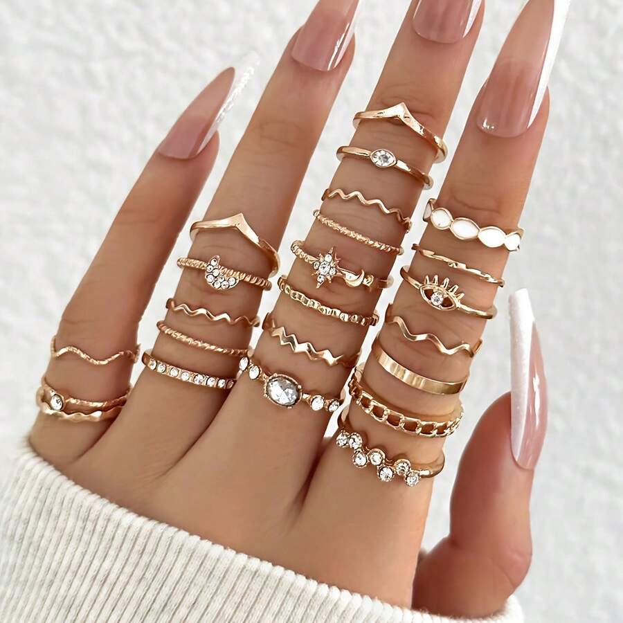 23pcs Women's Stacking Rings Set, Star, Moon, Wave, Chain Elements, Minimalist Elegant Style, Great For Outfits And Gifts - Multicolor - View 1