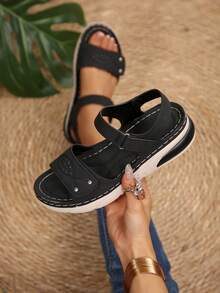 Sandal Wanita Model Wedges Musim Panas Terbaru 2026, Nyaman, Dapat Diatur, dengan Perekat Velcro, Anti Selip, Sol Lembut, Sandal Kasual untuk Berjalan, Ukuran Besar Serbaguna - Hitam - View 2