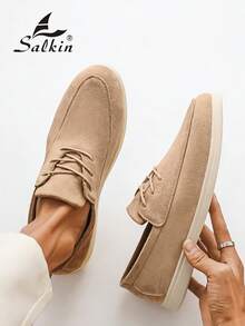 Salkin 男士時尚設計師樂福鞋 繫帶手工縫製 柔軟仿麂皮/純素皮革 內墊軟跟領 商務正裝鞋 男士莫卡辛鞋 日常辦公 婚禮派對 情侶約會 浪漫晚餐 節日禮物 學生休閒鞋 百搭款 建議選擇大一號 - 米色 - 查看 8