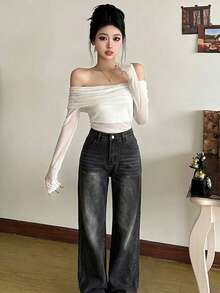 Jeans rectos de tiro medio con ajuste holgado y estilo retro americano para mujer - Gris - Ver 2