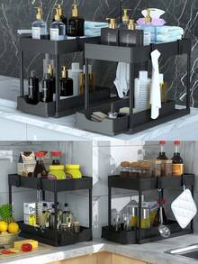 1 chiếc kệ đựng đồ 2 tầng dưới bồn rửa, kệ bếp, kệ sắp xếp đồ dùng nhà bếp, phụ kiện tủ đựng thực phẩm, ngăn kéo trượt phía dưới, giỏ đựng đồ trong ngăn kéo, kệ đựng gia vị nhà bếp, thích hợp để đựng dụng cụ nhà bếp, gia vị, bát đĩa, cốc chén, đồ dùng vệ sinh cá nhân, mỹ phẩm. - màu đen - Xem 6