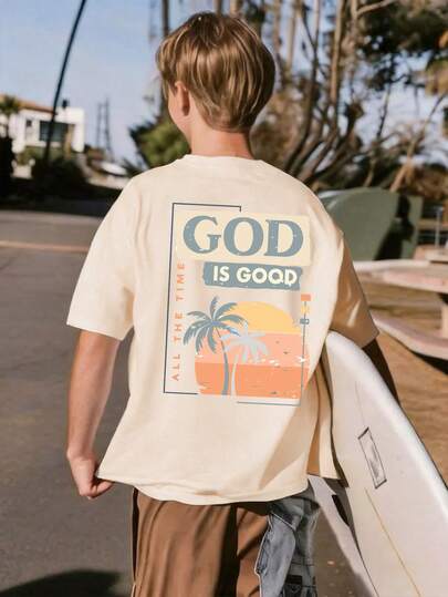 This Casual T-Shirt Designed For Boys Features A Beach Sunset Element Print, Very Suitable For Teenage Boys. Family Vacation Casual Fashion Clothing