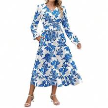 Women's Floral Midi Dress Long Sleeve V Neck Smocked Ruffle Boho Fall Dress - 藍色 - 查看 3