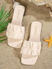 女士宽楦褶皱绑带平底凉鞋，时尚方头夏季拖鞋，舒适休闲露趾鞋 - 米色 - 查看 5