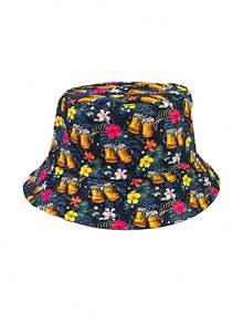 1pc Men's Bucket Hat, Fashionable Beer Pattern Printed Reversible Outdoor Party Travel Beach Hat, Summer Sun Protection - A - View 4
