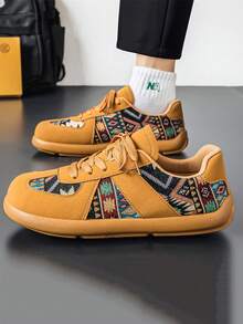 厚底几何图案绒面革乐福鞋，复古休闲皮鞋，舒适百搭的套脚鞋 - 卡其色 - 查看 5