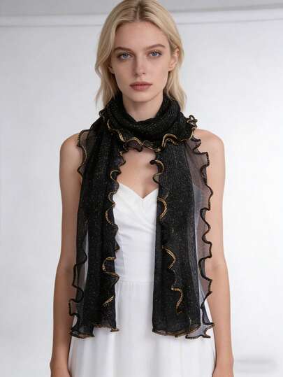 1pc New Solid Color Ruffled Lightweight Breathable Neck Scarf, Long Versatile Shawl For Women, Suitable For Casual, Sun Protection, Can Be Paired With Various Dresses For Weddings, Galas, Parties, Cosplay, Themed Events, Etc.