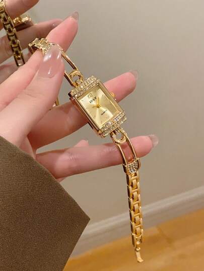 1 件优雅手镯式腕表，金色表盘，小巧耐用，时尚方形表盘，是送给她的迷人礼物，适合日常佩戴和特殊场合。