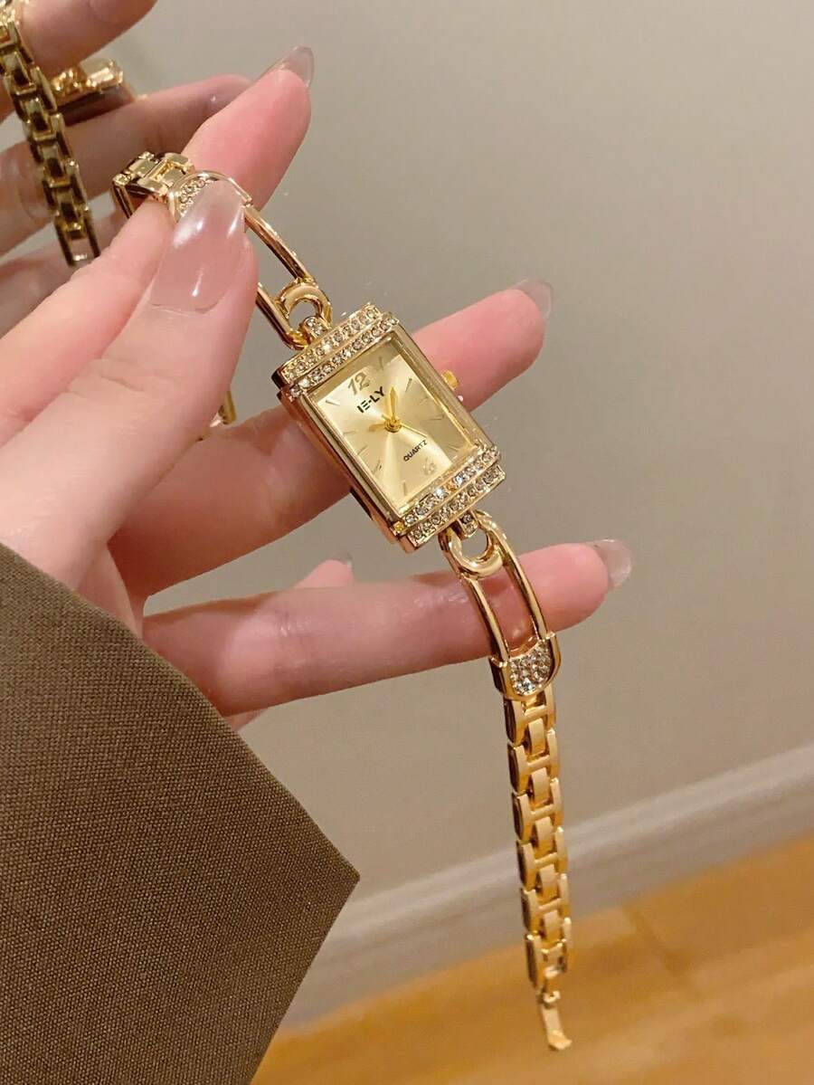 1 Pc Elegant Bracelet Watch With Golden For Women, Small, Durable And Fashionable Square Display, Charming Gift For Her, Suitable For Daily Use And Special Occasions, - Gold - View 1