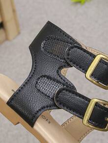 女童黑色双扣罗马凉鞋，软底防滑复古休闲鞋 - 黑色 - 查看 7