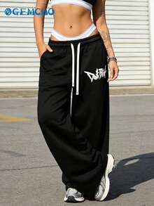 GEMCHO 女士抽绳腰宽松阔腿休闲运动裤，带口袋，针织面料略带弹性，适合休闲、跑步、慢跑、健身等场合。 - 黑色 - 查看 3