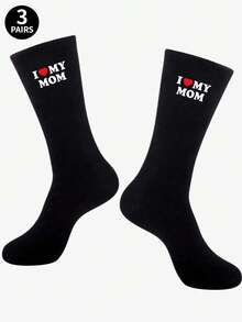 1/3 双男女通用黑色中筒袜“我爱我的妈妈”，母亲节礼物，新颖有趣，生日礼物，日常休闲穿着 - 彩色 - 查看 10